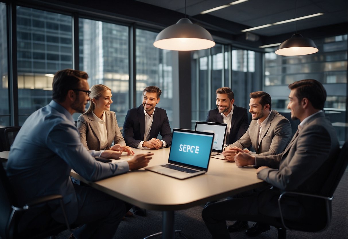 A group of professionals discussing website needs, with a focus on service-based businesses. Various agency options are considered