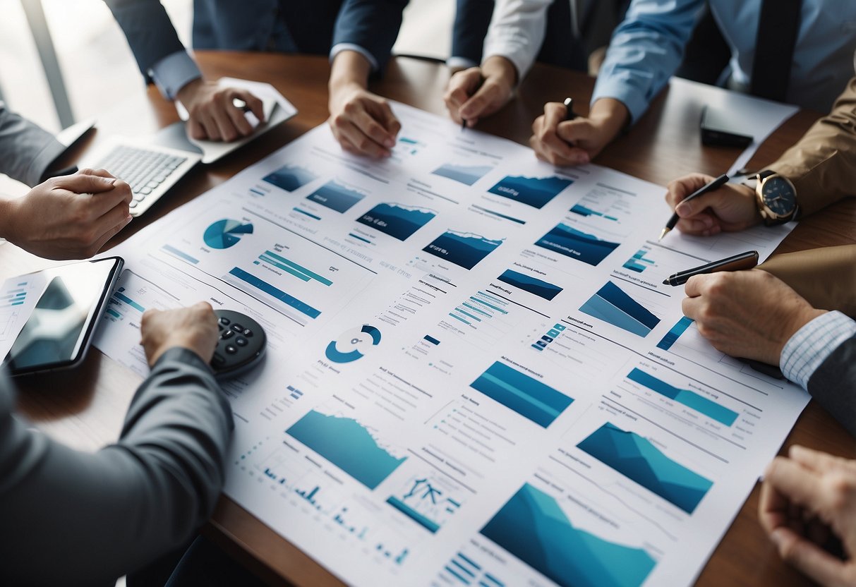 A group of professionals discussing website development options for a service-based business, with charts and graphs showing pricing and value