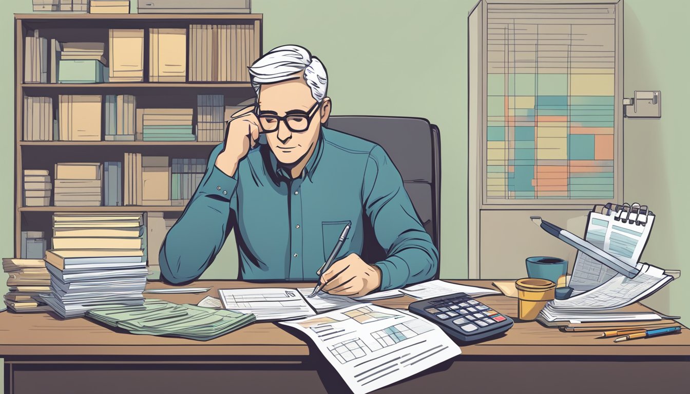 A person sitting at a desk with a calculator, pen, and paper, surrounded by financial documents and charts, contemplating retirement options