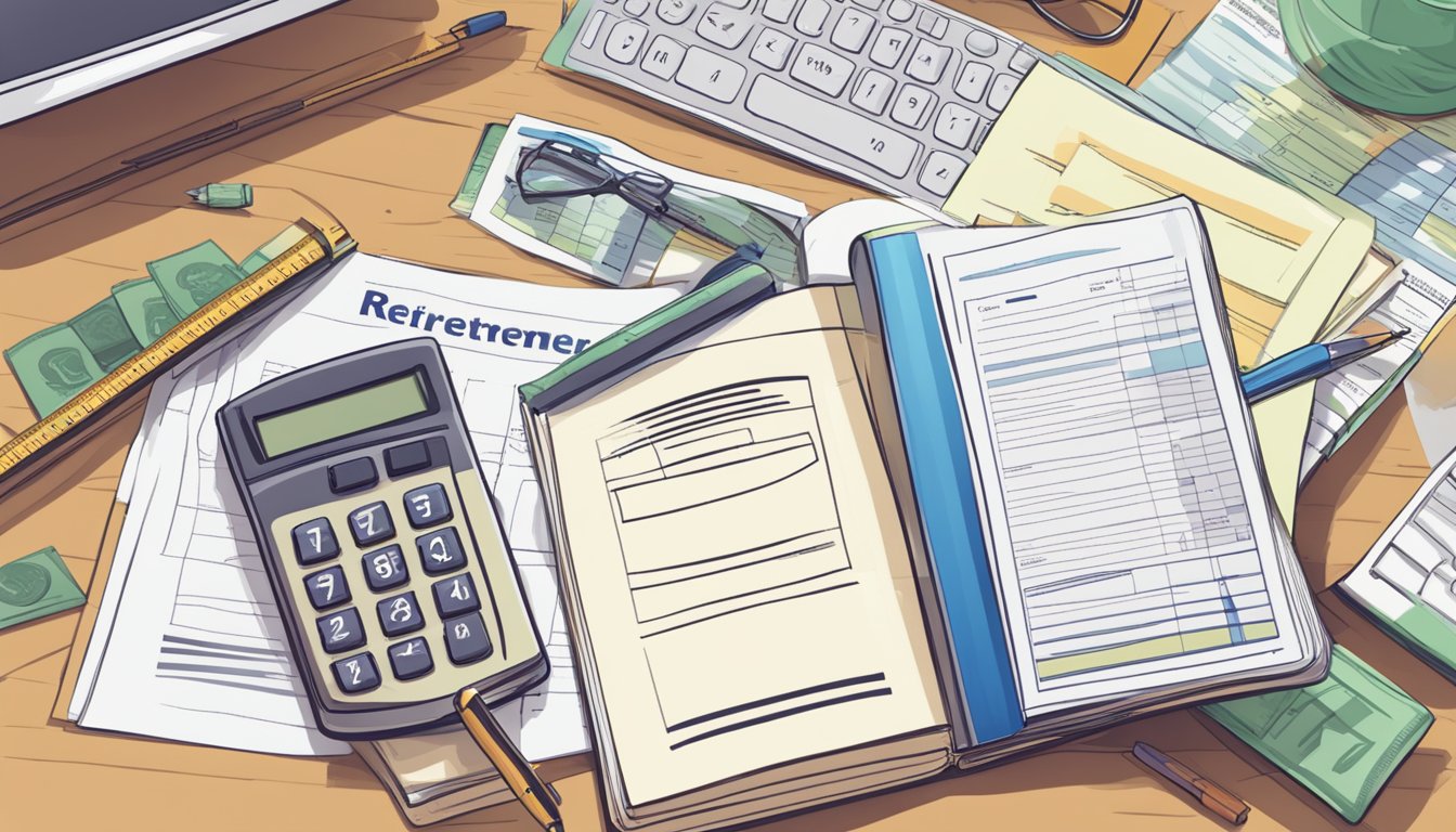 A calculator and a stack of financial documents on a desk, with a retirement planning book open to a page titled "Understanding Retirement Fundamentals."