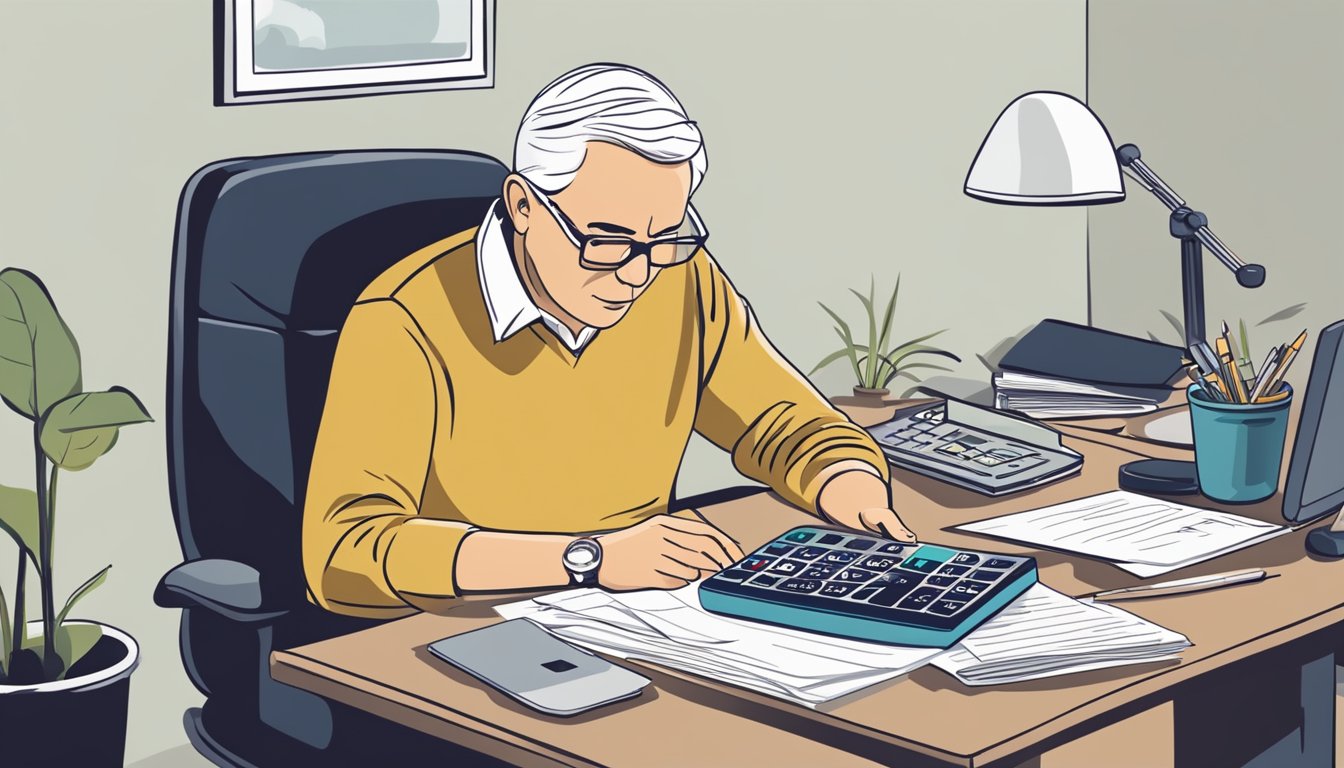 A person sitting at a desk with a calculator, paperwork, and computer. They are calculating retirement benefits and filling out forms