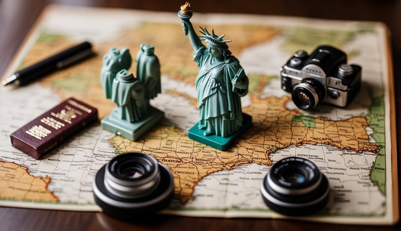 A map of the USA with iconic landmarks, such as the Statue of Liberty, Golden Gate Bridge, and Grand Canyon, surrounded by travel essentials like a passport, camera, and suitcase