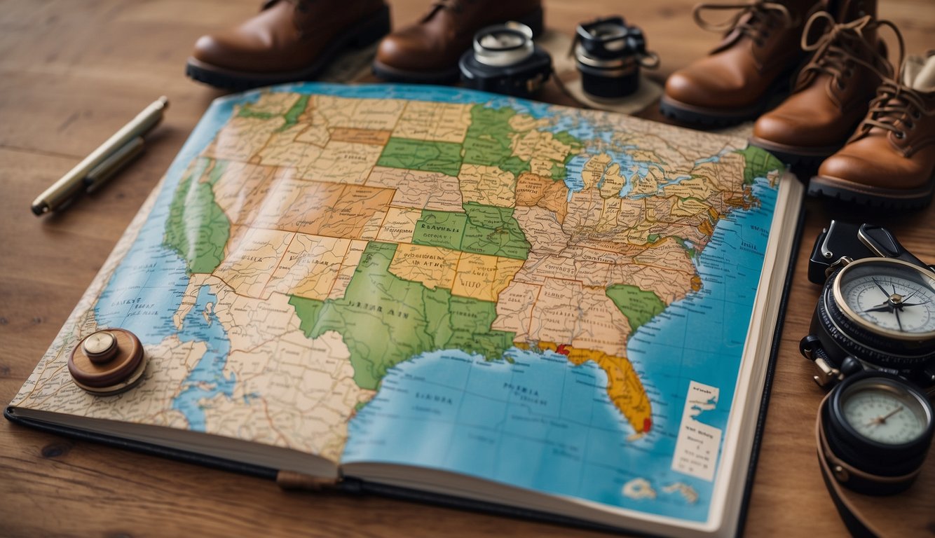 A map of the USA with iconic landmarks, a compass, and a journal with a pen, surrounded by hiking boots and a backpack