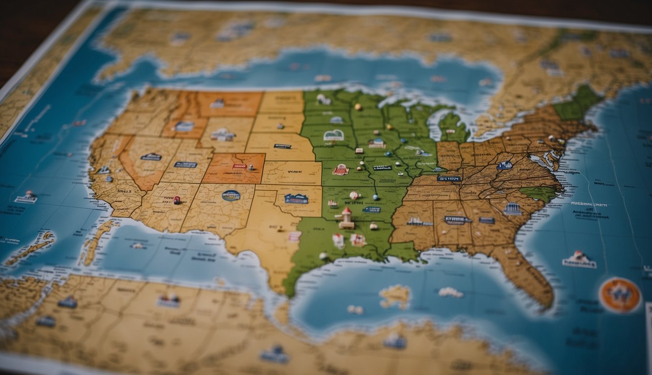 A map of the USA with iconic landmarks and travel tips displayed