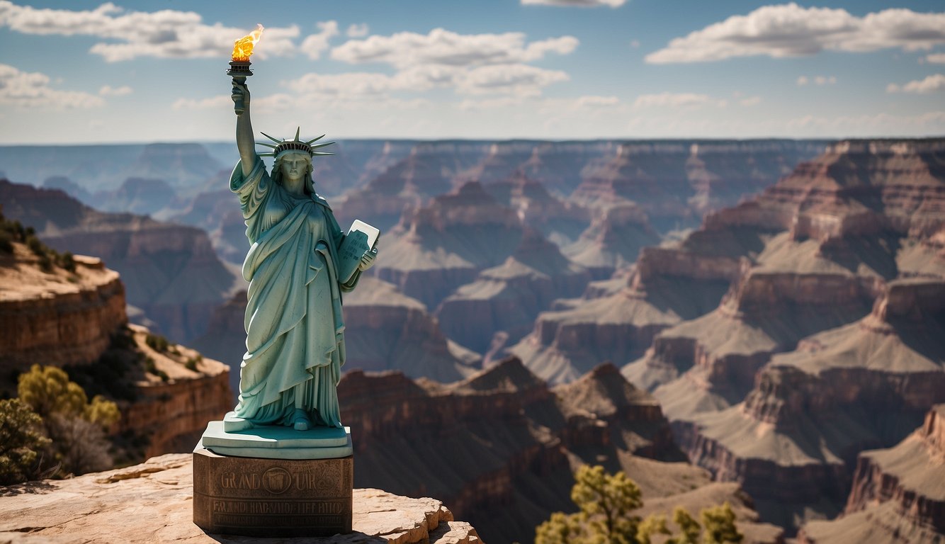 The Grand Canyon stands majestically, with its vibrant colors and towering cliffs, while the Statue of Liberty proudly holds her torch aloft in the harbor