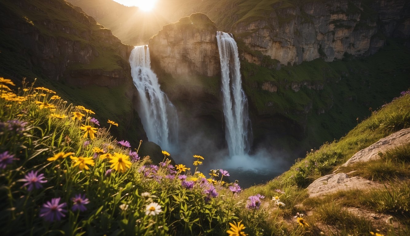 A majestic waterfall cascades down a rugged cliff, surrounded by lush greenery and colorful wildflowers. The sun casts a warm glow, illuminating the breathtaking natural wonder