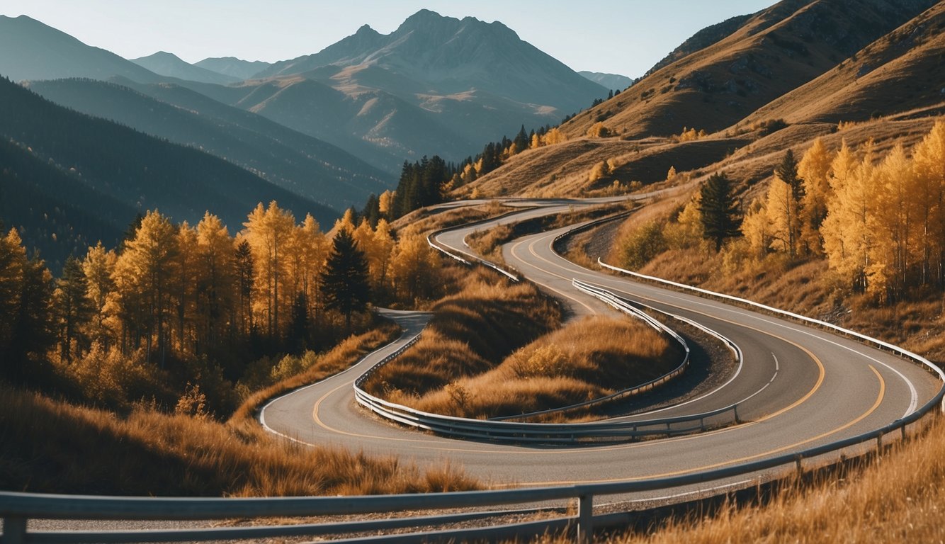 Curving roads wind through colorful landscapes, passing by quaint towns and natural wonders. Mountains, forests, and open plains create a diverse backdrop for a scenic road trip illustration