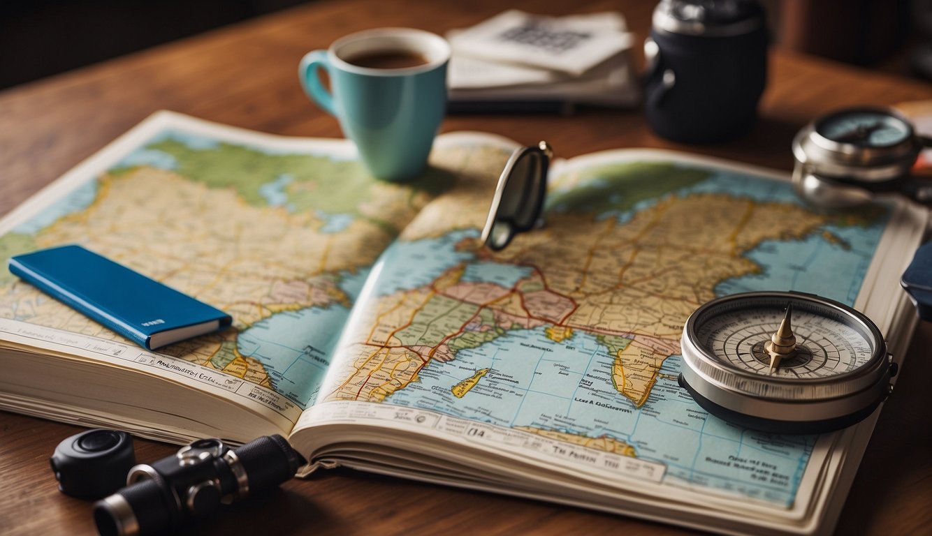 A map of the USA with highlighted road trip routes, surrounded by travel guides, a compass, and a notebook filled with notes and plans