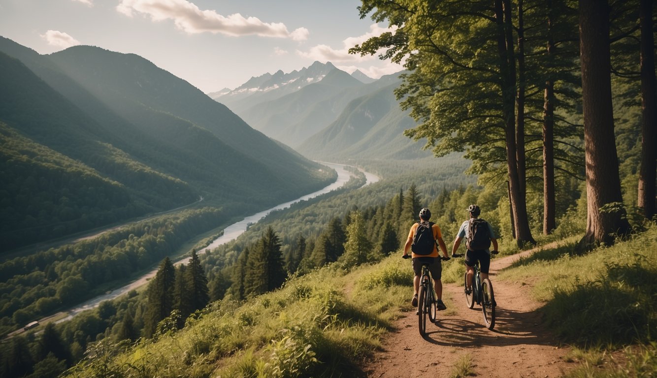 People hiking, biking, and picnicking in a lush national park with towering trees, flowing rivers, and majestic mountains in the background