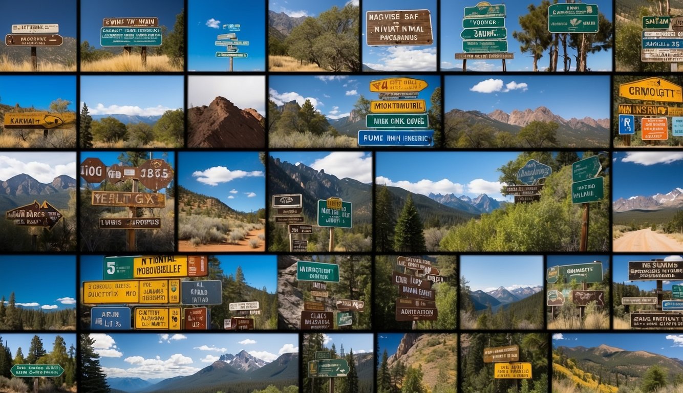 A colorful array of national park signs with mountains, trees, and wildlife, surrounded by lush greenery and clear blue skies