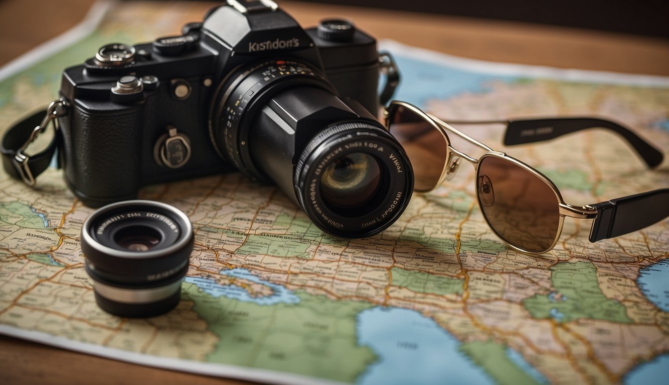 A map of the USA with iconic landmarks, a camera, passport, sunglasses, and a guidebook on a table