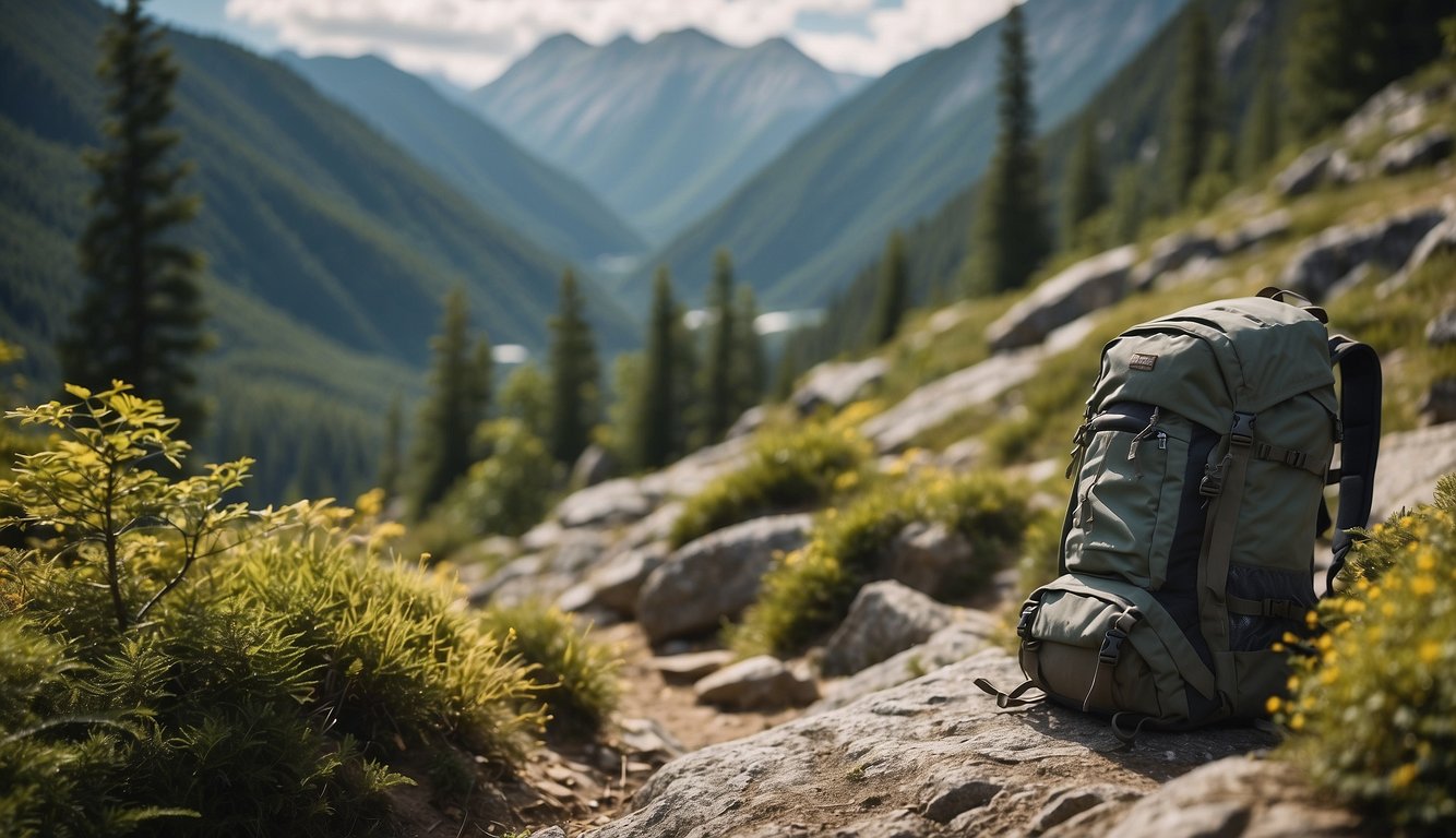 A rugged landscape with mountains, forests, and rivers. A backpack and hiking boots are placed next to a trail sign