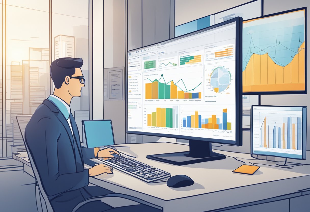 A computer screen showing a service-based business operating seamlessly with automated systems, while profit charts steadily rise in the background