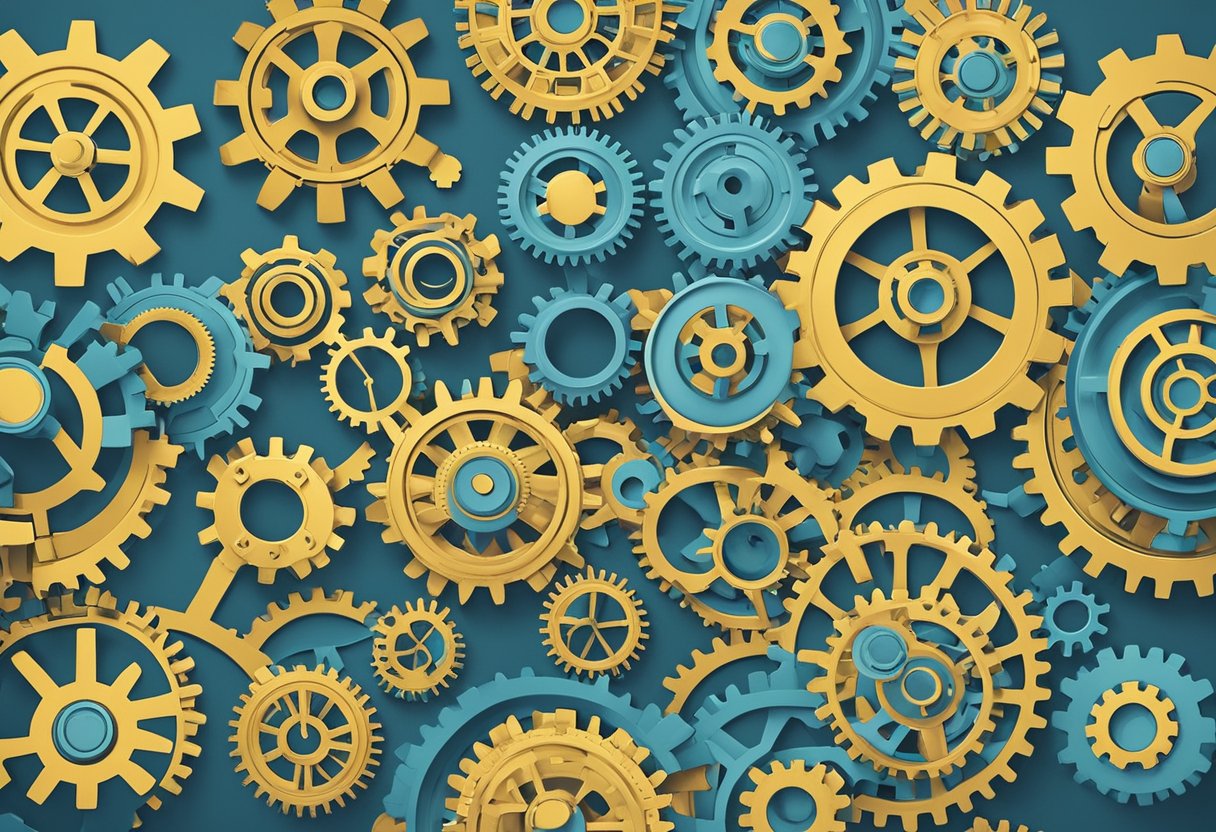 A group of interconnected gears symbolizing teamwork and efficiency, with arrows representing automation and growth in a service-based business