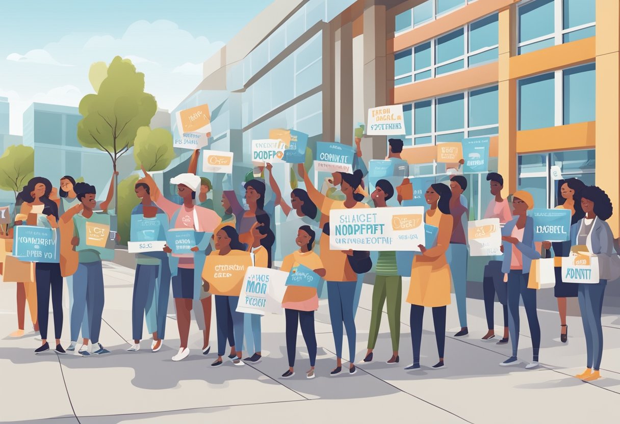 A group of people holding up signs and collecting donations for a nonprofit organization outside a busy shopping center