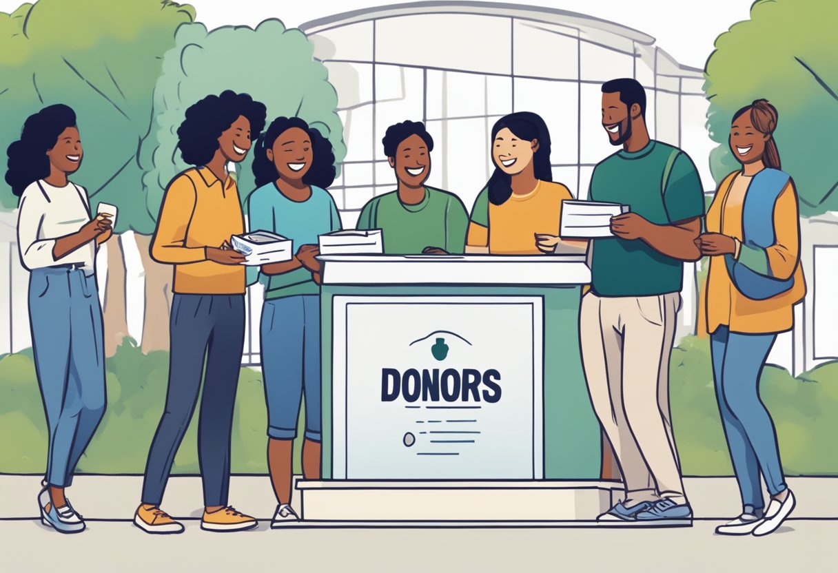A group of people gather around a donation box, smiling and chatting as they drop in money and checks. A banner reads "Understanding Your Donors" above the scene