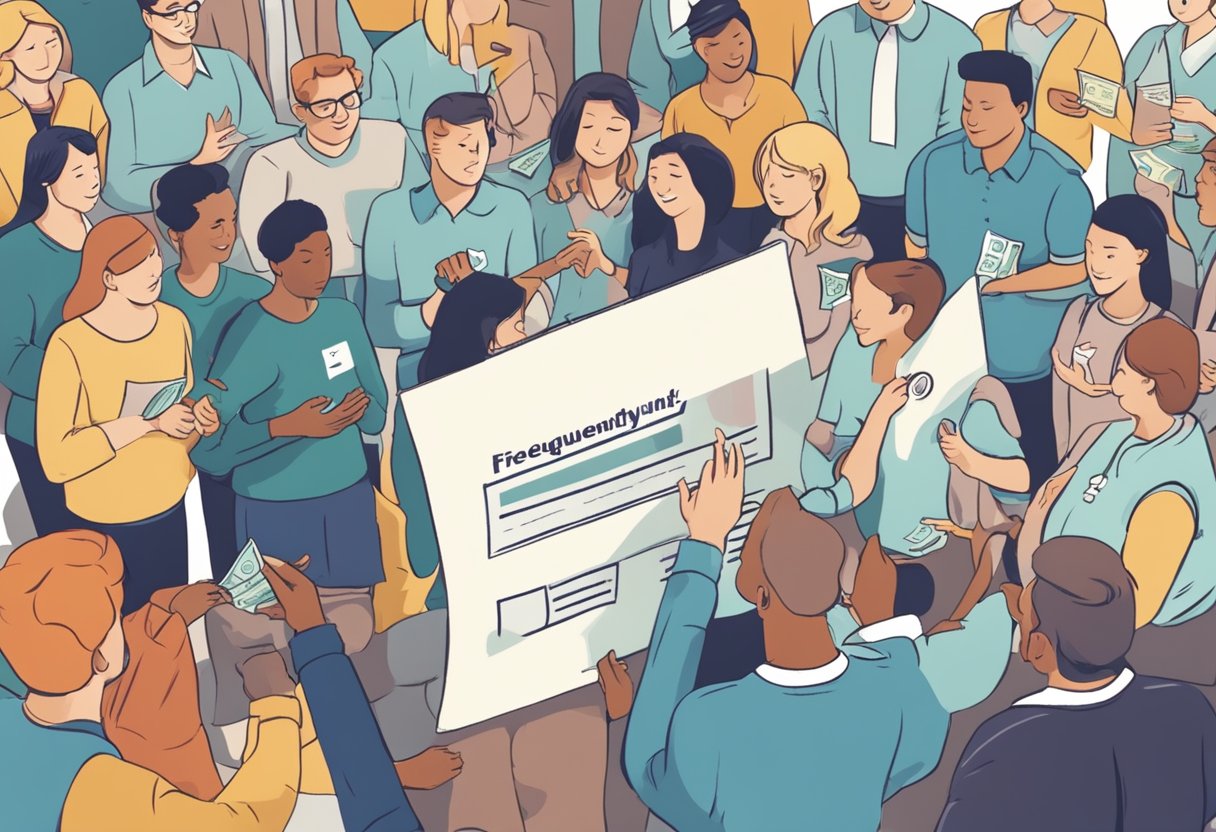 A group of people eagerly donating money to a nonprofit organization. A sign with "Frequently Asked Questions" is displayed, encouraging more donations