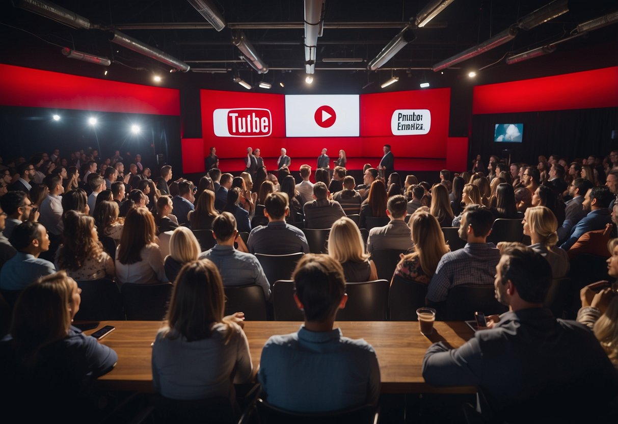 A diverse group of people gathers around a large screen displaying a YouTube logo. They are interacting and engaging with the content, while others are creating and sharing their own videos