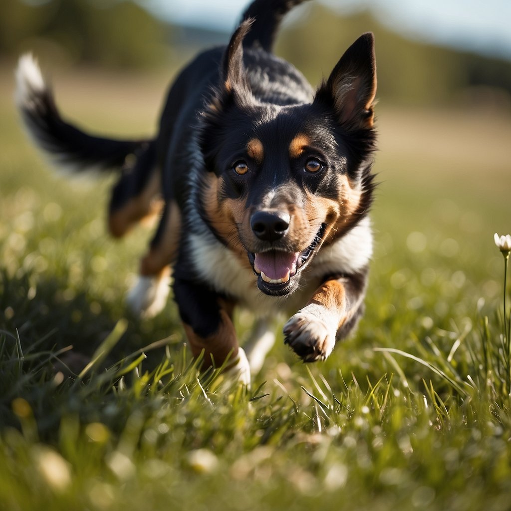 A lively, vibrant dog breed playing in a sunny, grassy field, with a clear blue sky in the background