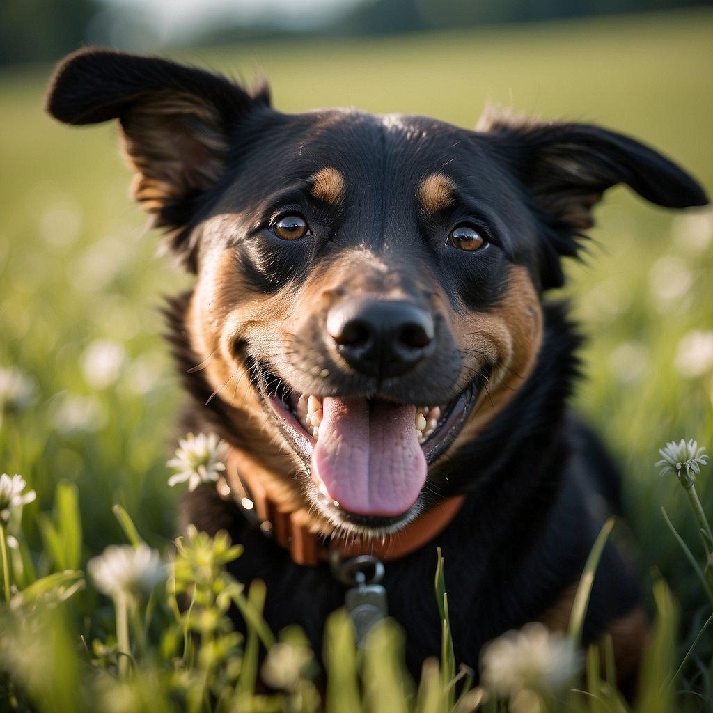 A happy, energetic dog of the rare and healthy breed plays in a vibrant, green meadow under a clear blue sky