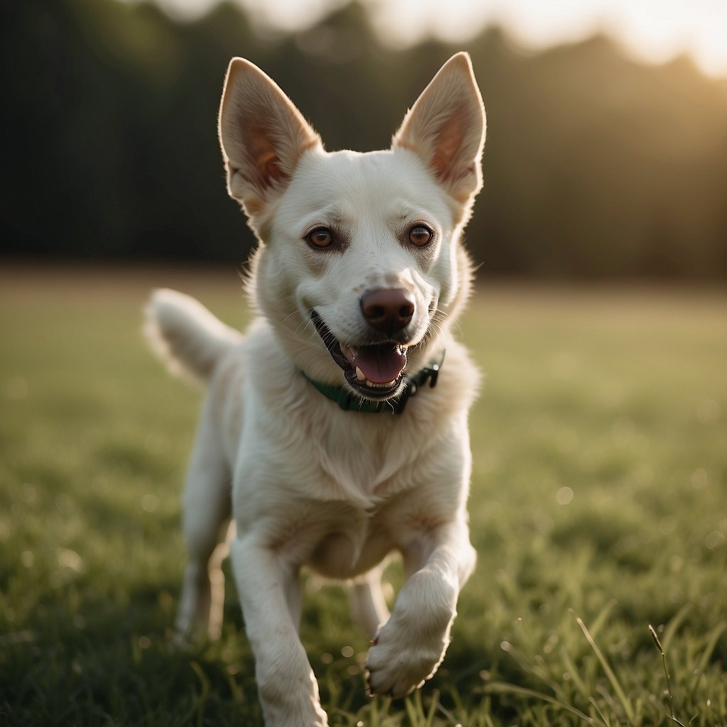 A lively, energetic dog with a shiny coat and bright eyes plays joyfully in a green, open field, showing no signs of illness or discomfort