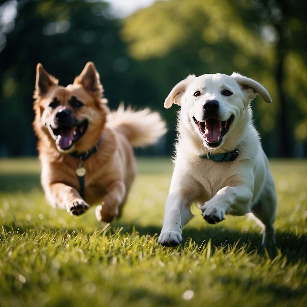 A group of resilient dog breeds playing happily in a vibrant, green park, showcasing their energetic and healthy nature