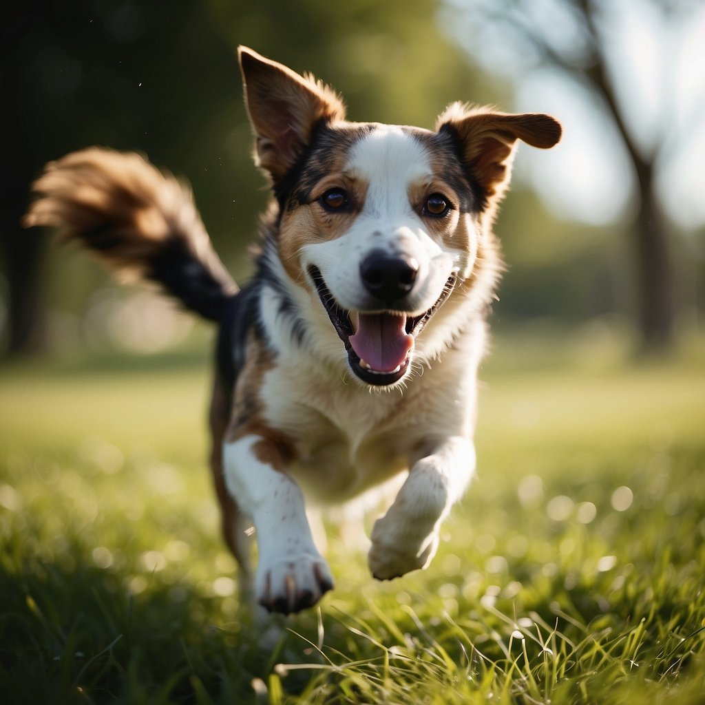 A happy, energetic dog of the recommended breed plays in a vibrant, green park, radiating health and vitality