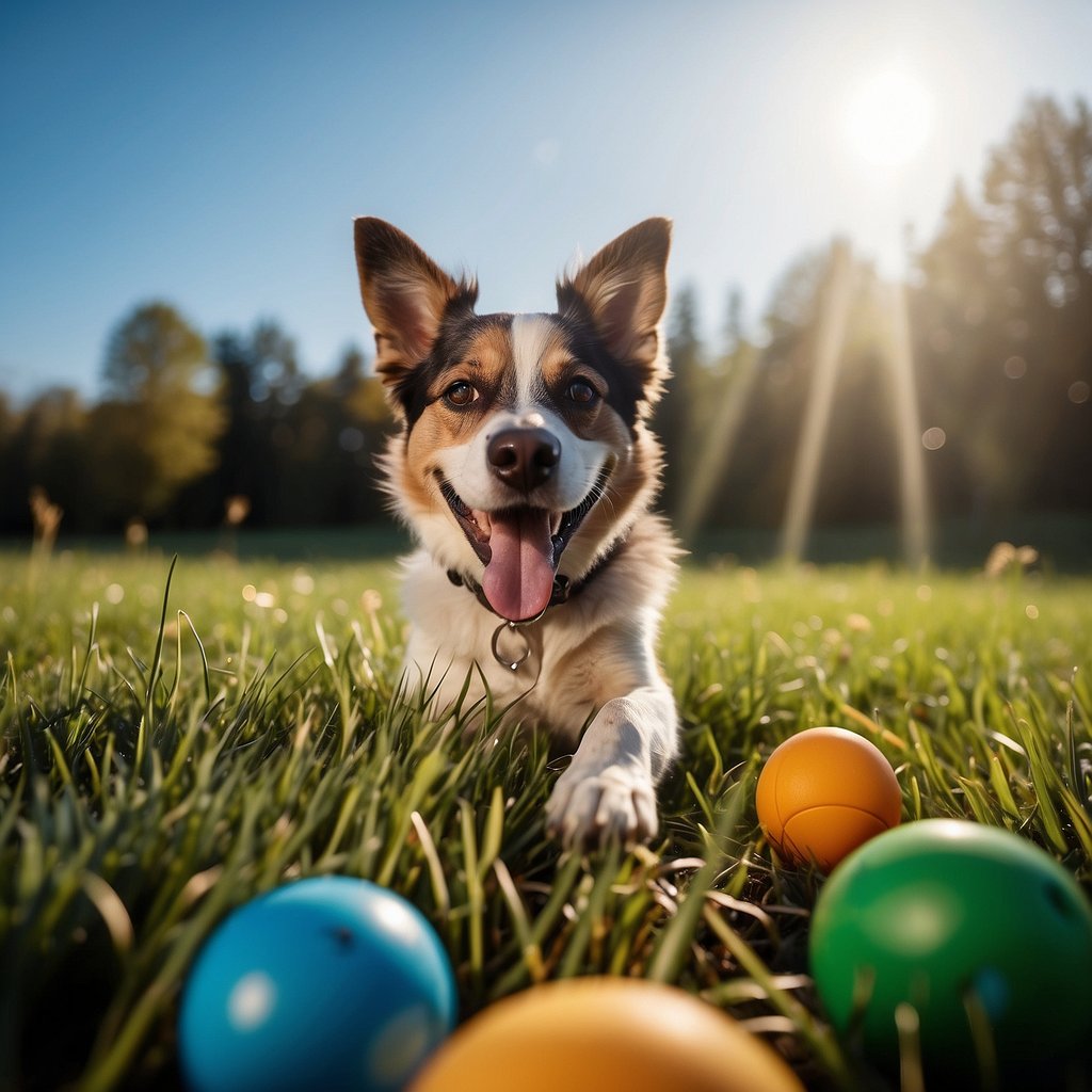 A happy, energetic dog playing in a green, open field with clear blue skies and sunshine. The dog is surrounded by various toys and has a shiny, healthy coat