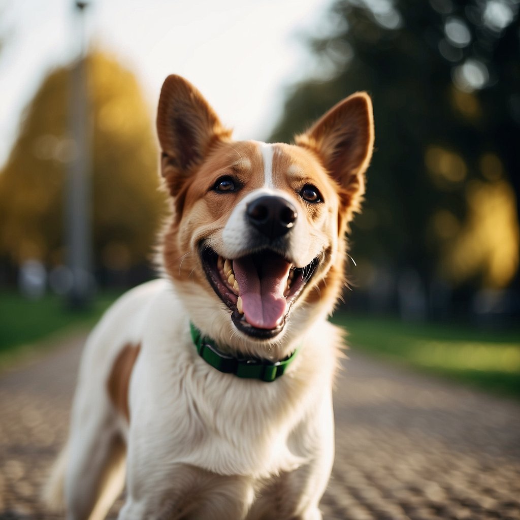 A happy, energetic dog of a healthy breed, playing in a vibrant, green park with a shiny coat and bright eyes