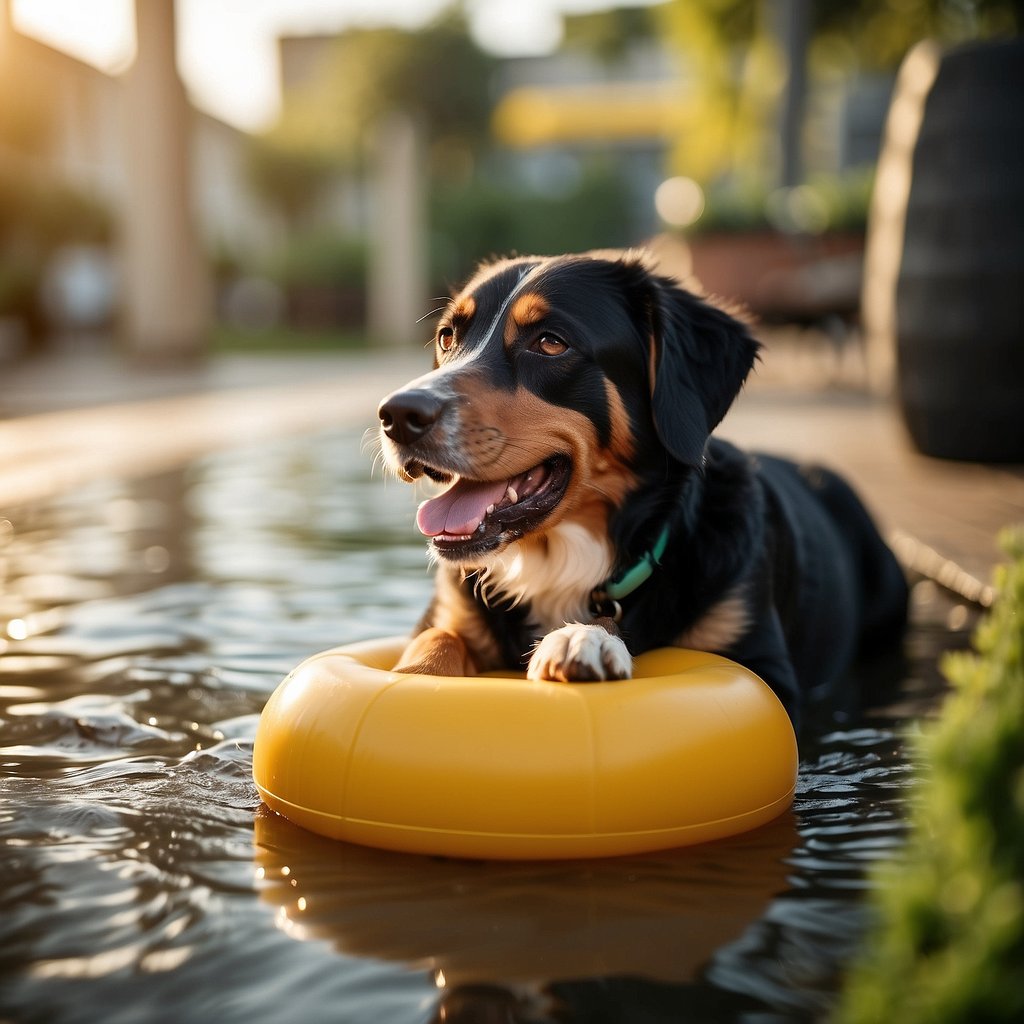 A happy, healthy dog plays in a clean, spacious environment with toys and fresh water nearby