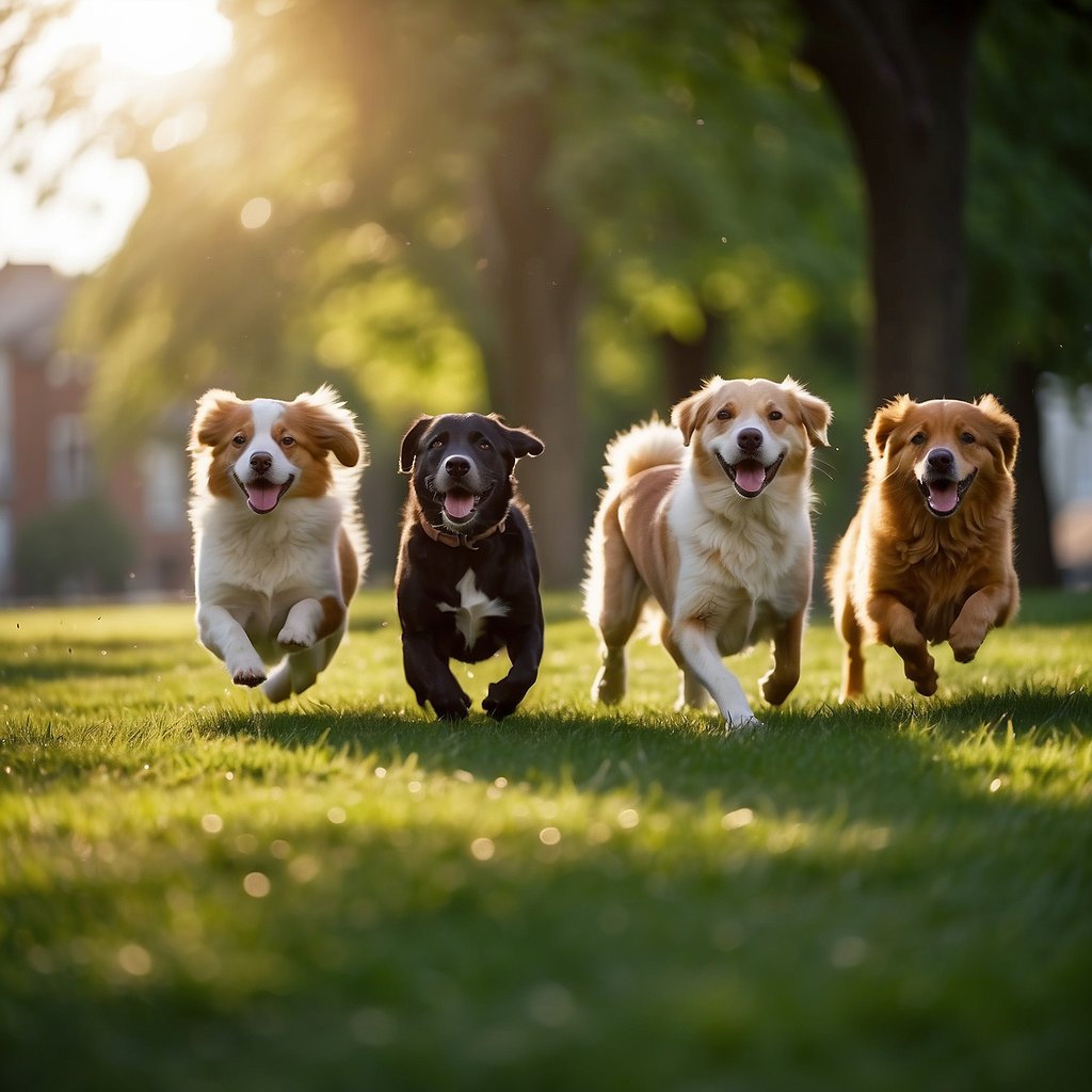 A group of 10 healthy dog breeds play in a sunny park, showing off their vibrant coats and energetic behavior. They appear happy and lively, with no signs of illness or discomfort