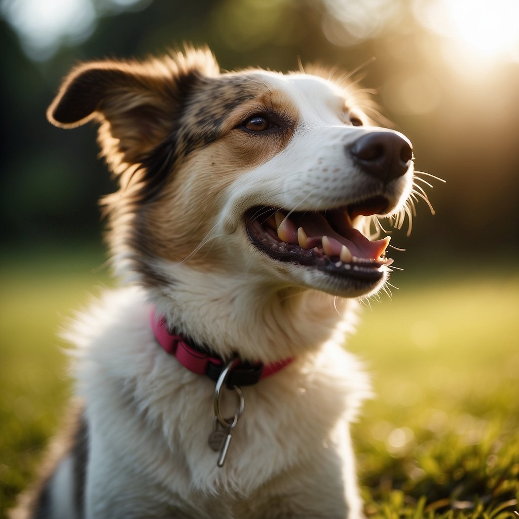 A lively, energetic dog breed playing in a vibrant, outdoor setting with a clear call-to-action message displayed prominently in the background