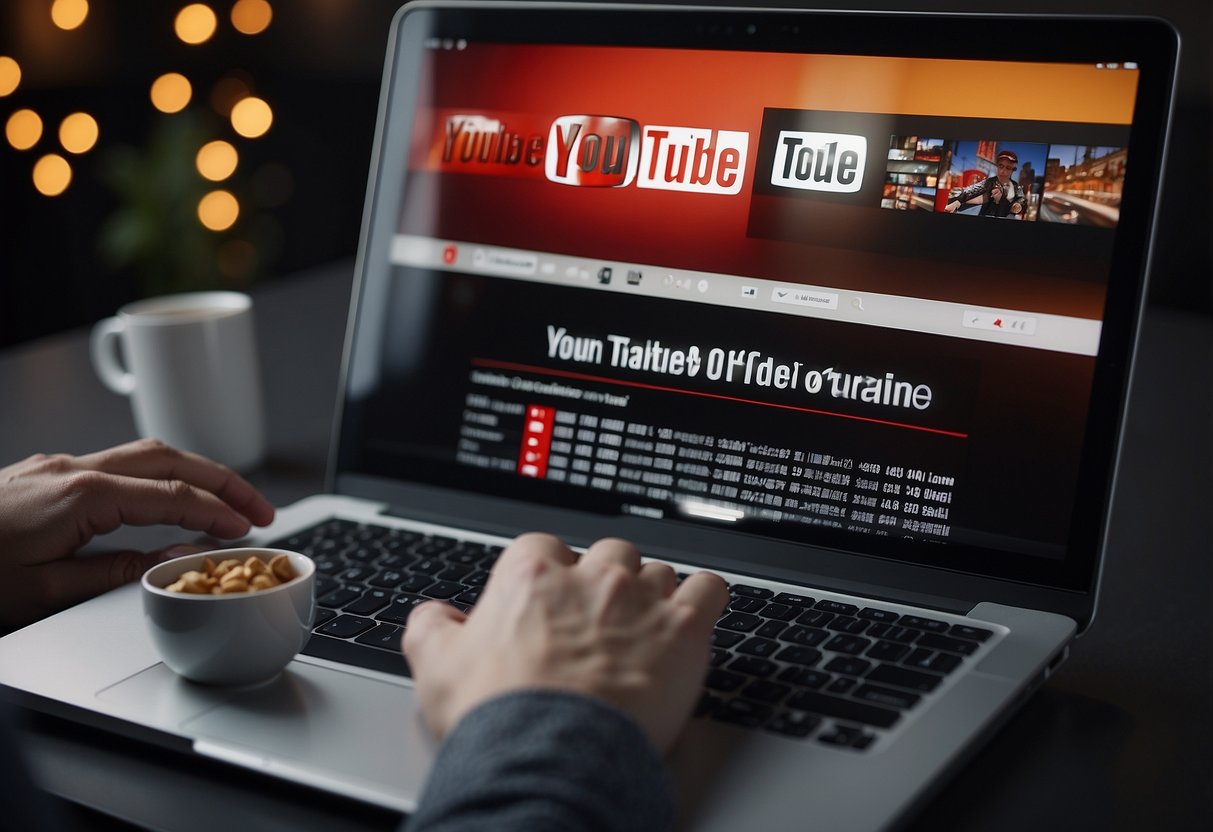 A computer screen showing a YouTube channel homepage with a highlighted "Channel Trailer" button. A person's hand hovers over a keyboard, ready to create the trailer