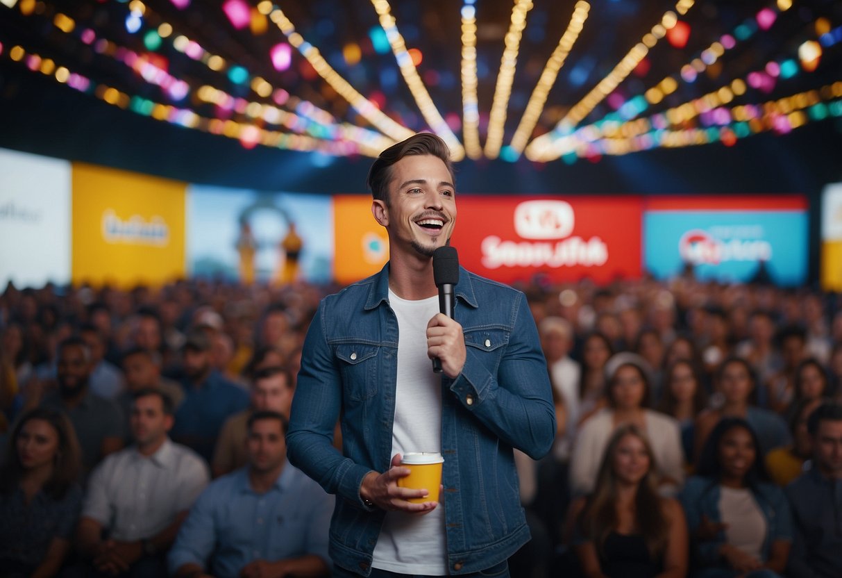 A YouTube influencer speaks passionately to the camera, surrounded by colorful graphics and engaging text, while a crowd of viewers engage with likes and comments