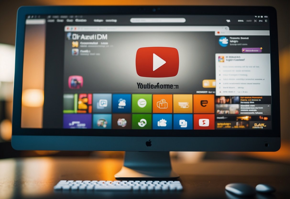 A computer screen displays a YouTube channel with a prominent search bar and keywords. A magnifying glass hovers over the screen, emphasizing the importance of SEO for discoverability