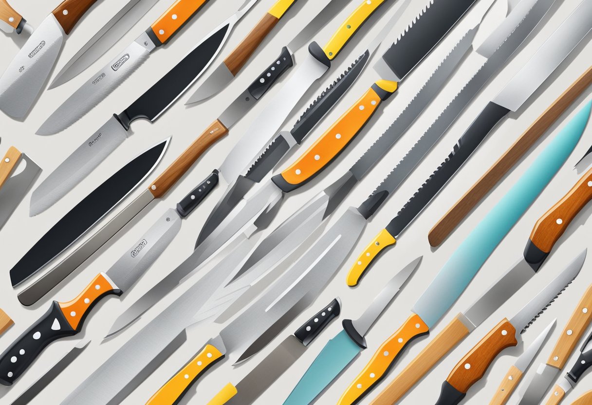 A variety of sharp chef's knives arranged on a clean, well-lit countertop. Different sizes and styles, with handles of various colors and materials