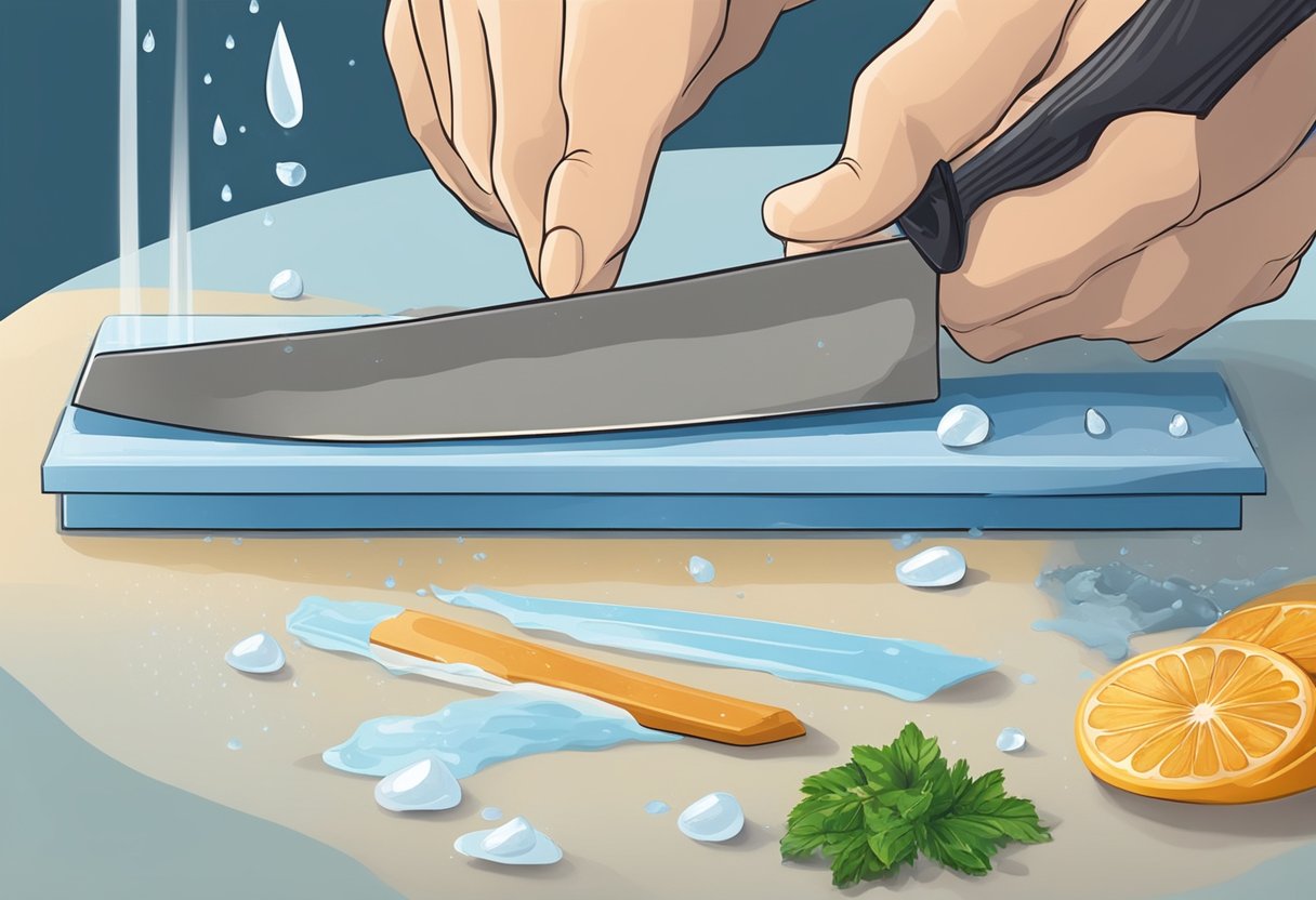 A knife being sharpened on a whetstone, with metal shavings and water droplets