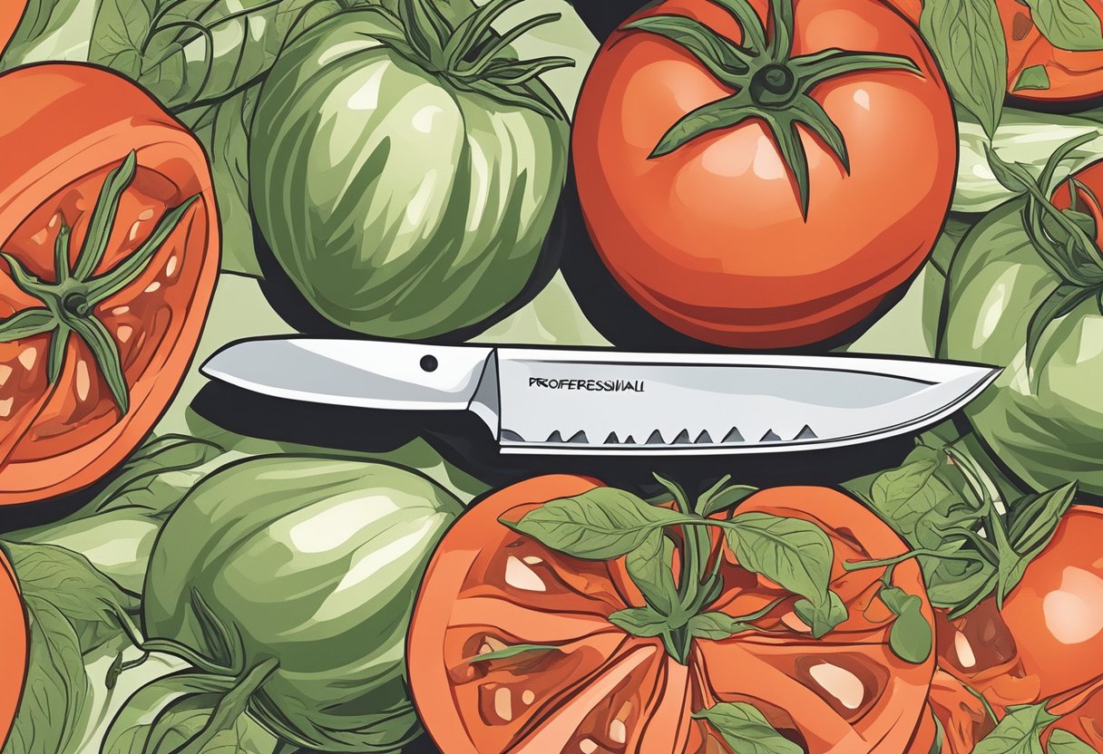 A chef's knife slices through a ripe tomato with precision, showcasing various cutting techniques
