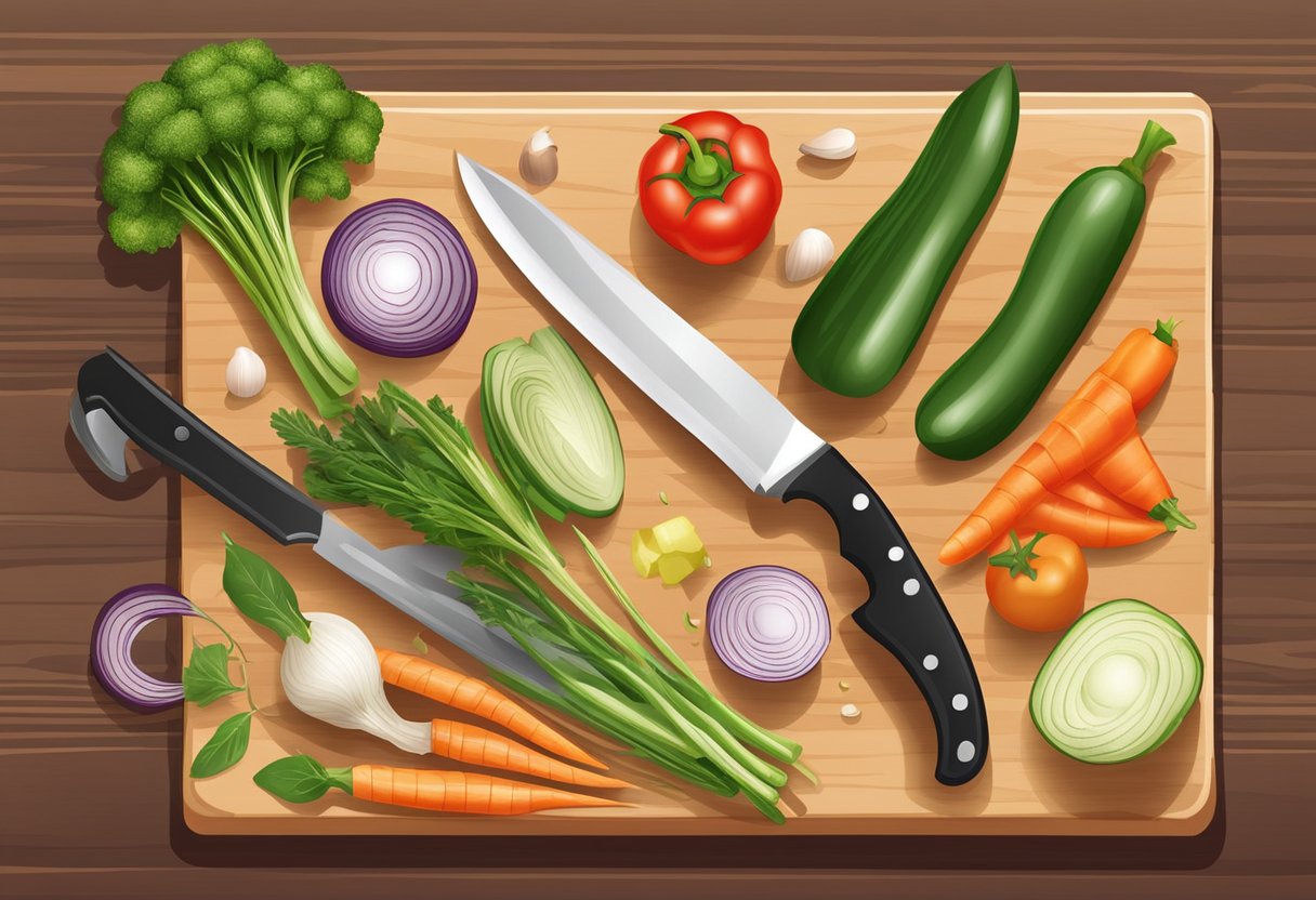 Various knife types arranged on a cutting board with vegetables