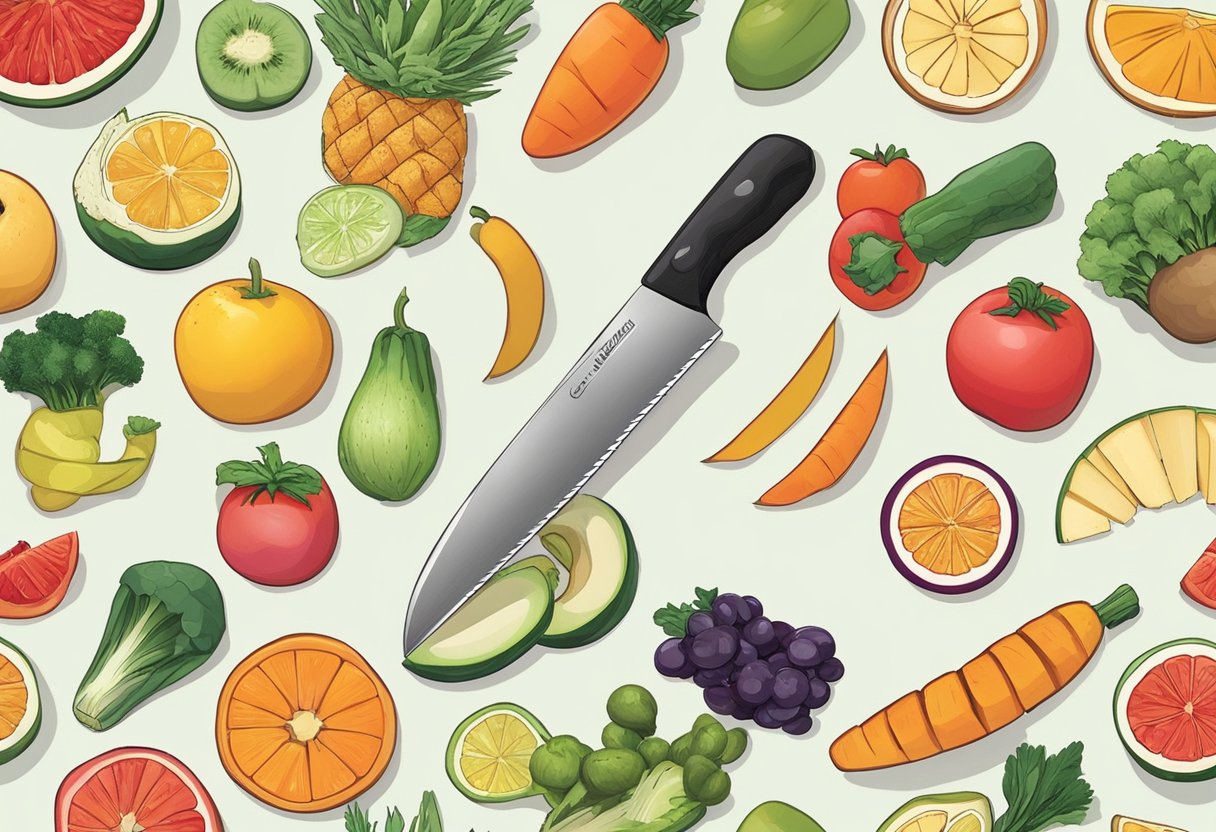 A hand holding a knife slices through various fruits and vegetables with precision and control, showcasing different cutting techniques