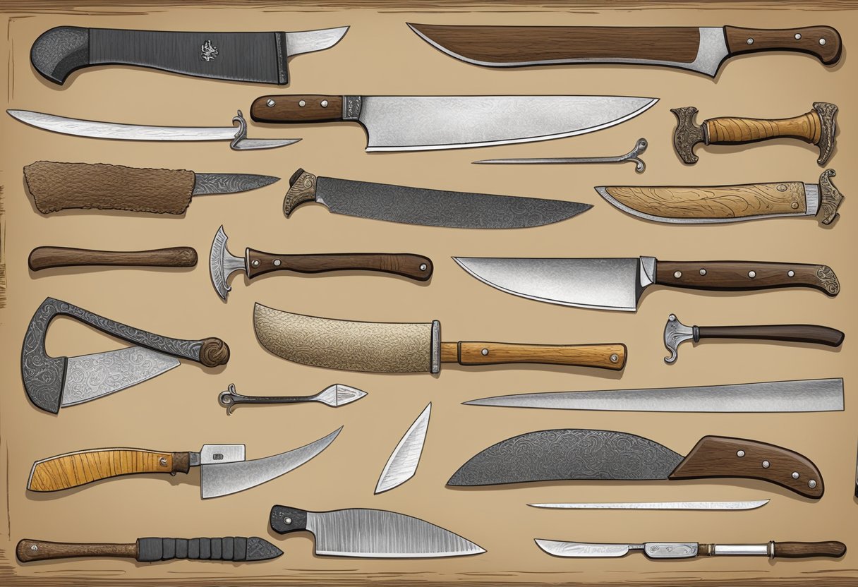 A timeline of knives from ancient flint tools to modern chef's knives, displayed on a rustic wooden table with a backdrop of historical knife etiquette and cultural symbols