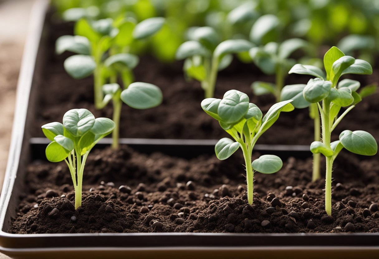 Seeds are scattered on soil in a shallow tray, watered gently, and covered with a thin layer of soil. The tray is then placed in a well-lit area to germinate