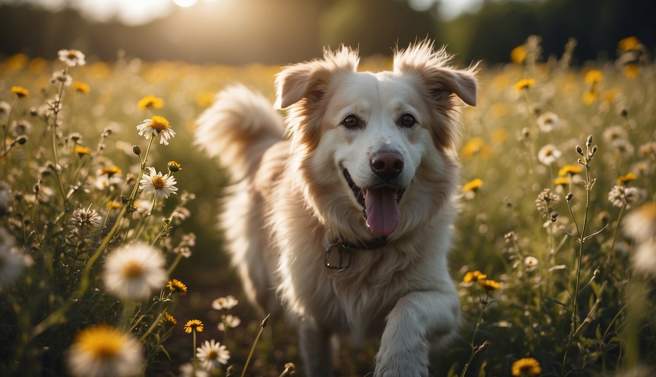 A fluffy, non-shedding dog romps in a field of wildflowers, its fur catching the sunlight