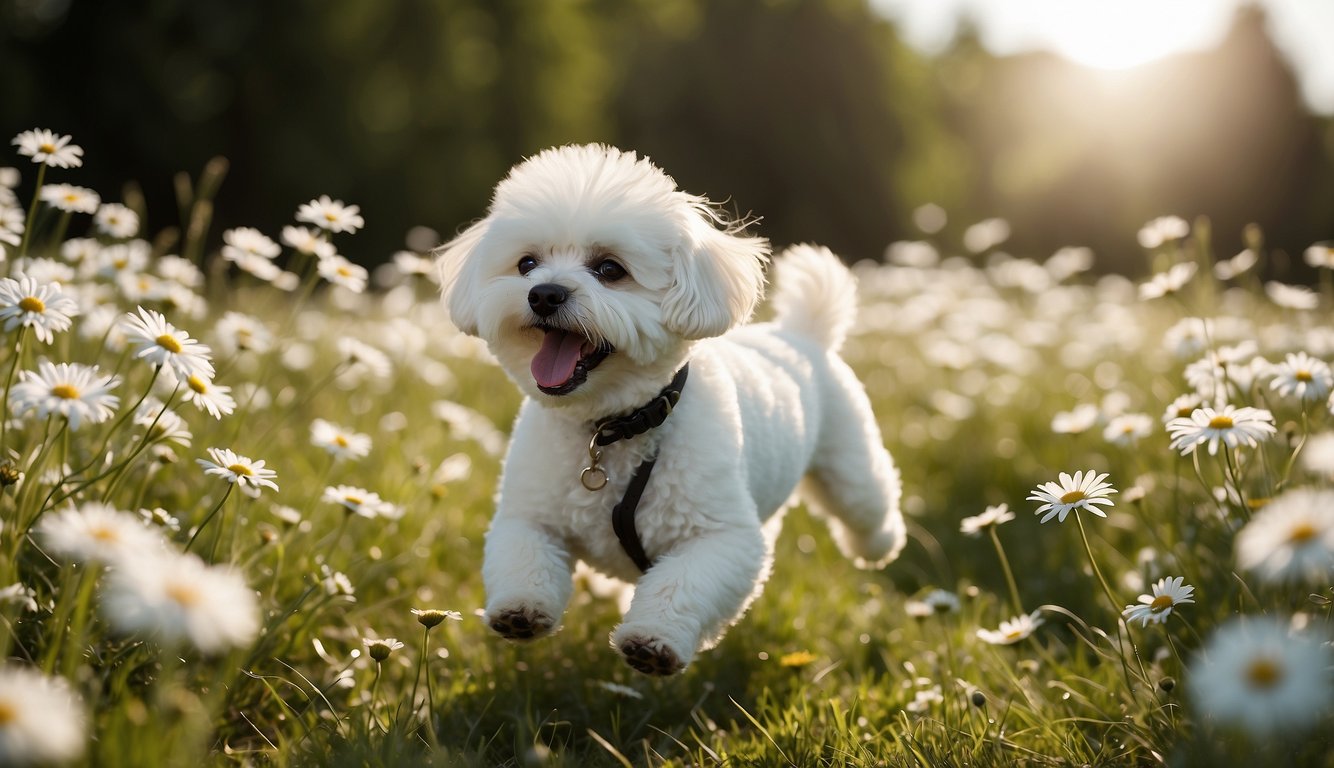 A Bichon Frise dog frolics in a field of daisies, its fluffy white coat shining in the sunlight