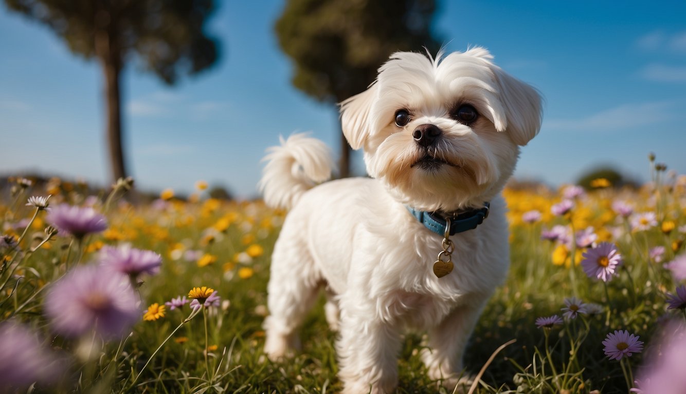 A Maltese hypoallergenic dog stands on a grassy field, surrounded by colorful flowers and a clear blue sky