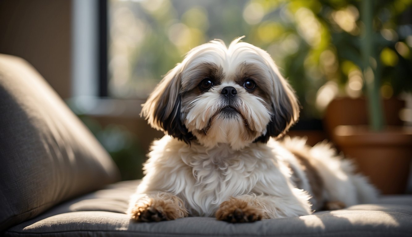 A Shih Tzu dog, with long flowing fur, sits on a cushion, surrounded by hypoallergenic plants, in a sunlit room
