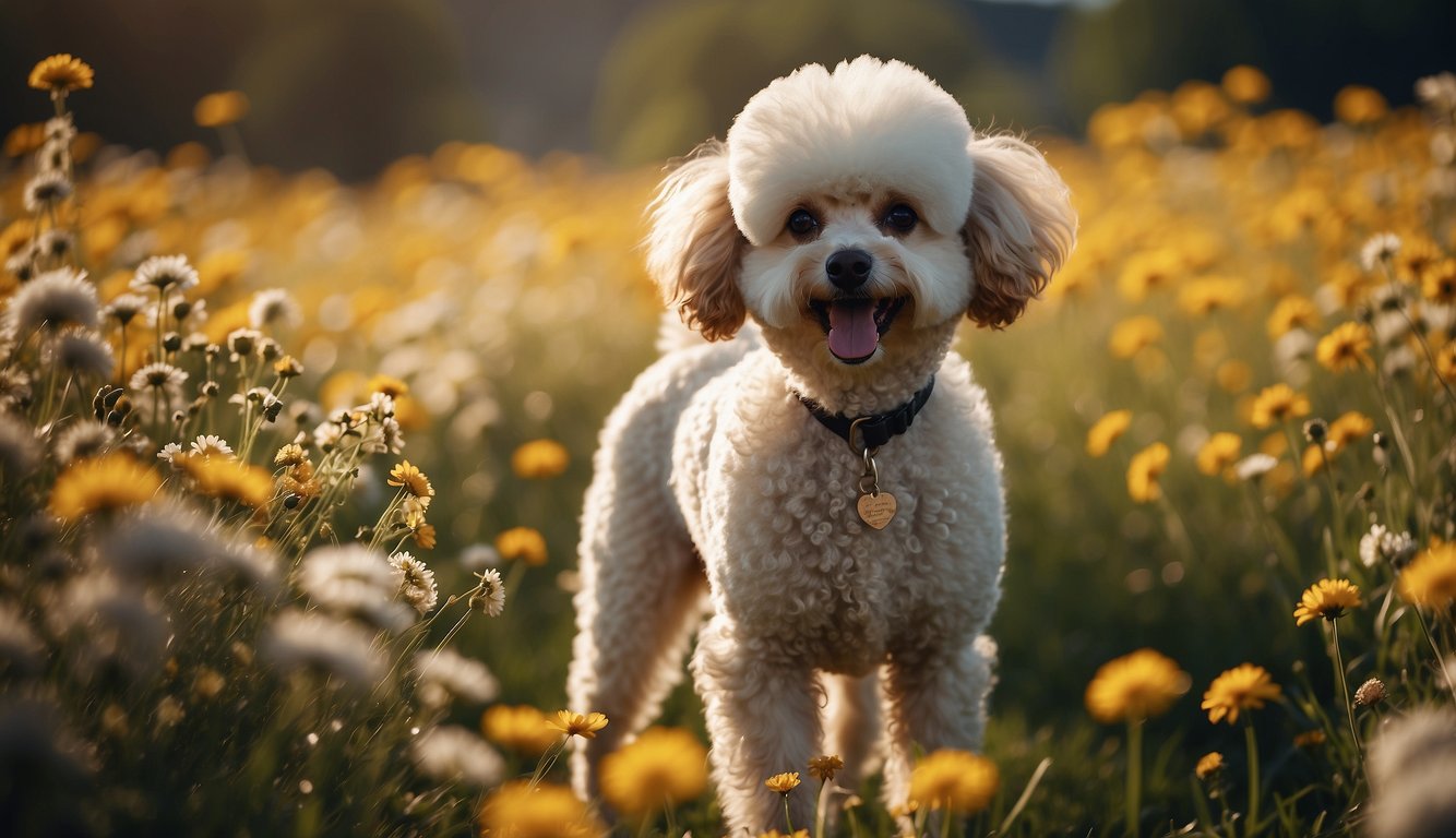 A fluffy poodle standing in a field of flowers, with its curly fur blowing in the wind, looking alert and playful