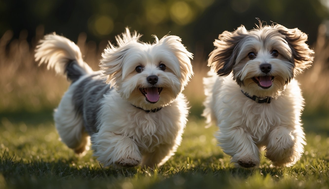 Two Havanese dogs playfully running in a grassy meadow, their fluffy, hypoallergenic coats catching the sunlight as they bound through the open space