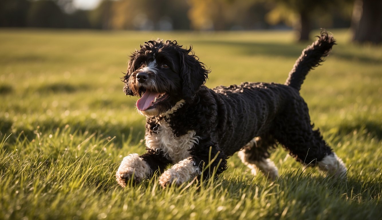 A Portuguese Water Dog frolics in a grassy meadow, its curly, hypoallergenic coat glistening in the sunlight as it bounds playfully through the open space