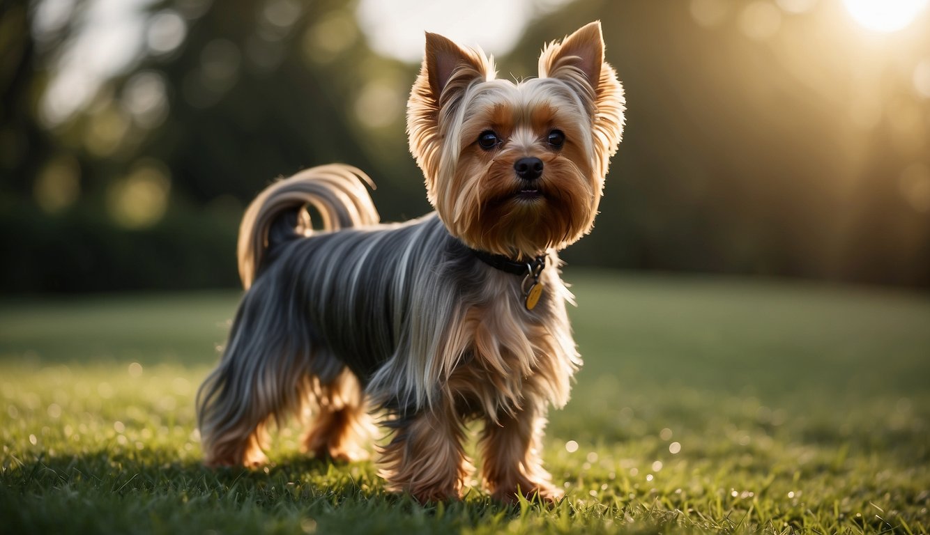 A Yorkshire Terrier stands on a grassy field, its long, silky coat flowing in the breeze. The sun illuminates its small, alert face, showcasing its hypoallergenic qualities